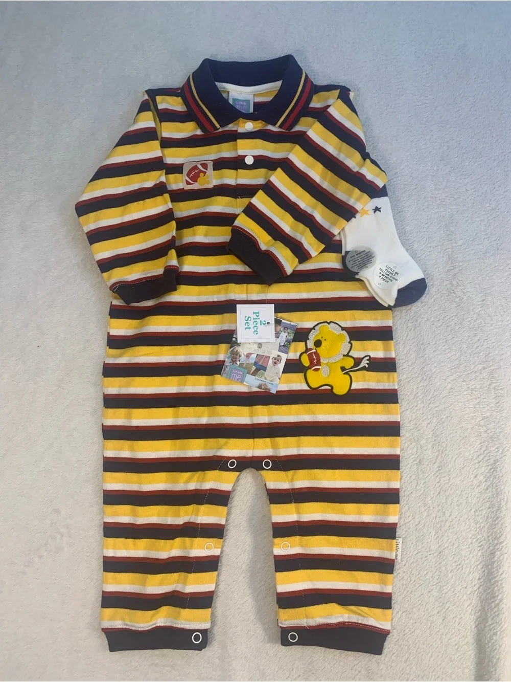 NWT Little Me Boys 9 Month One-Piece Romper + Socks Cotton Knit